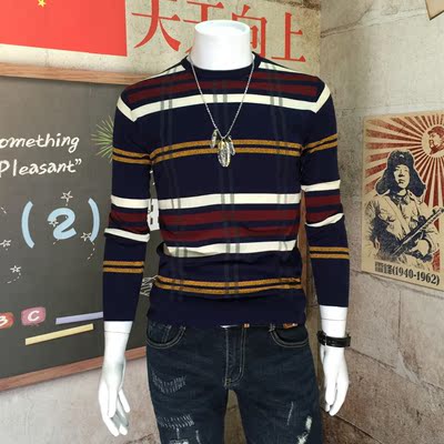 2016秋季新款韩版修身男士毛衣格子羊毛衫圆领套头针织衫潮流百搭
