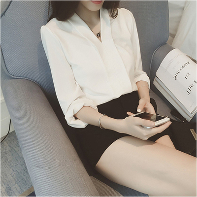 2016夏季韩版长袖V领职业衬衣雪纺上衣宽松显瘦纯白色衬衫女韩范