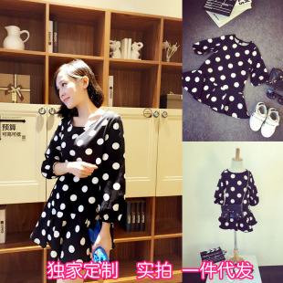 亲子装2016春季新款韩版母女连衣裙波点显瘦七分袖圆点中长款裙子