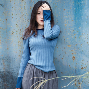 秋冬季韩版薄款针织衫女套头长袖前短后长喇叭袖针织上衣打底衫