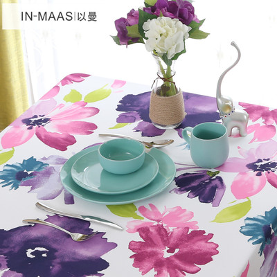 紫色水墨花防水田园布艺圆形长方形桌布茶几布西餐桌桌布可定制