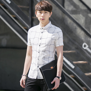 夏季青年学生男装上衣韩版修身黑白大格子衬衫男士休闲衬衣男短袖