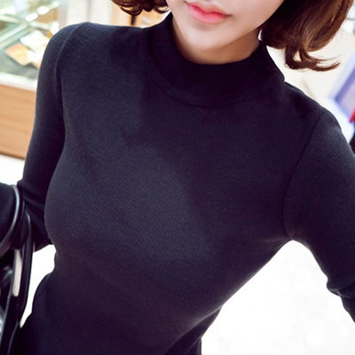 韩版2016新款修身半高领套头长袖针织衫女时尚纯色毛衣紧身打底衫