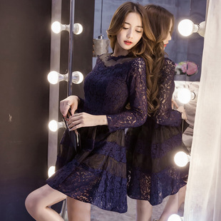 韩国2016秋装蕾丝连衣裙中长款长袖修身a型打底女内搭假两件套装