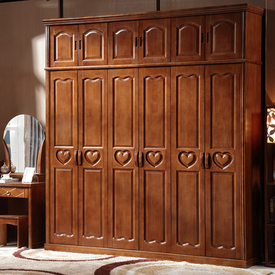 实木衣柜对开门加顶柜组装中式木质橡木五六门柜子卧室大衣橱包邮