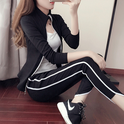 韩国春夏瑜伽服套装纯棉速干衣跑步运动健身服女三件套显瘦紧身裤