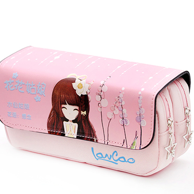 包邮韩版可爱简约学生笔袋 花花姑娘大容量女孩文具袋创意铅笔盒