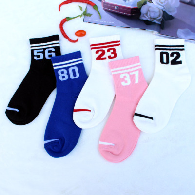 韩版纯棉中筒袜子糖果色字母女士运动袜学院风原宿日系春夏堆堆袜