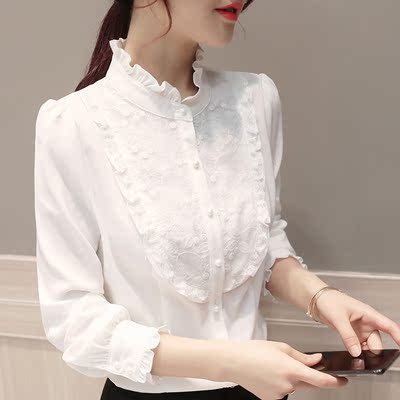衬衫女长袖2017春装新款韩版修身显瘦打底衫高领花边刺绣雪纺衬衣