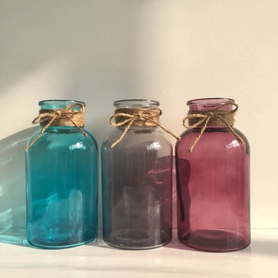 花瓶 简约风西班牙广口彩色玻璃花瓶 蓝色绿色黄色 水培容器包邮
