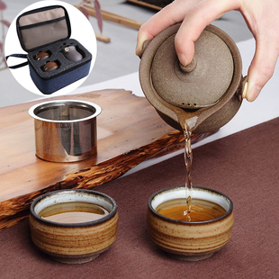 粗陶快客杯 日式手抓壶功夫茶具一壶二杯 旅行茶具便携 紫砂陶瓷