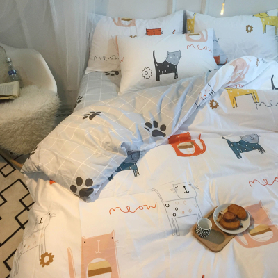 纯棉简约小猫咪四件套1.5全棉床单被套床上用品儿童三件套可爱1.2