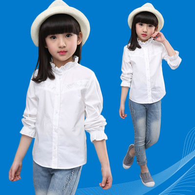 女童衬衫白色韩版长袖纯棉公主百搭2016新款儿童灯笼袖小学生衬衣