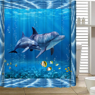 欧式浴帘套装3D个性海豚卡通浴帘防水加厚防霉浴室窗帘挂帘淋浴帘