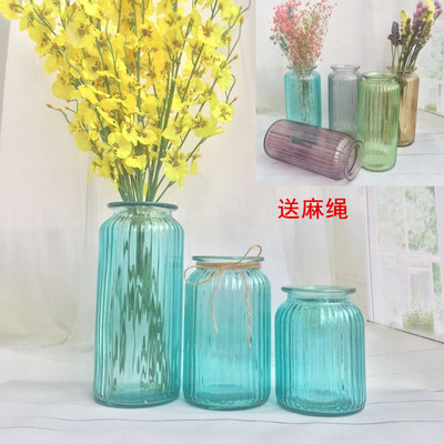 君美 包邮 乡村地中海创意 蓝色透明玻璃花瓶水培花瓶 家居摆件