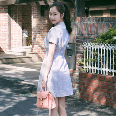 韩国代购夏季 太阳的后裔宋慧乔同款 韩版清新淑女条纹衬衫连衣裙