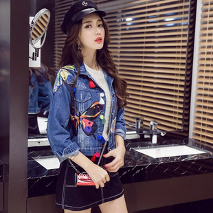 秋季新款2016韩版单排扣刺绣牛仔短外套女装蝴蝶图案长袖薄上衣