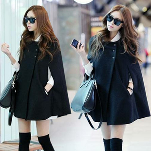 2016秋冬季韩国加厚披肩斗篷大衣女装中长款羊毛呢外套黑色风衣潮