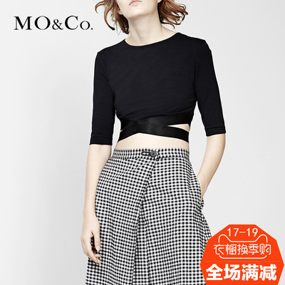 2016夏款MOCo纯色圆领弹力套头T恤露脐中袖上衣女短款MA162TST39
