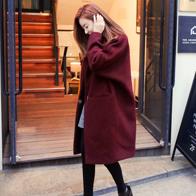 韩国代购2016新款秋冬装酒红色女毛呢外套大码呢子大衣潮
