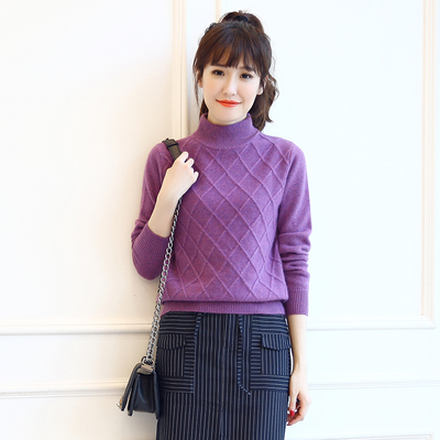2017新款韩版双股半高领山羊绒衫女纯色修身菱形加厚保暖毛衣