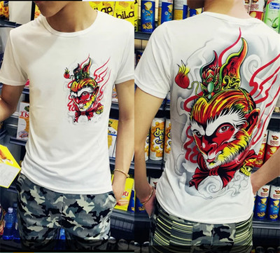 中国风夏季个性印花圆领短袖t恤男士修身青年半袖小衫男装潮大码