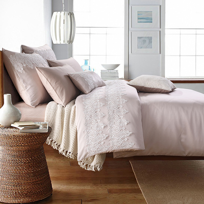 IU美式床上用品纯色四件套欧式粉色高档酒店床品蕾丝花边
