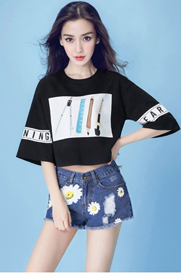 女T恤 短袖五分袖棉印花大码宽松打底衫2016新款短款显瘦显高韩版