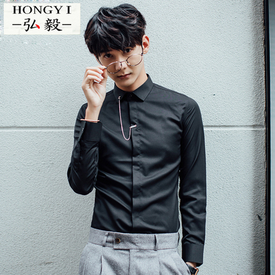 2016秋季衬衫男长袖韩版修身型薄款青年商务休闲纯色小尖领衬衣潮