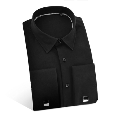 月牙泉春秋季法式衬衫男长袖修身型袖扣商务款正装黑色男士衬衣