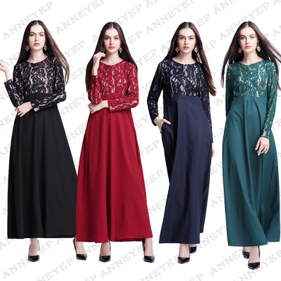 2017女装新款马来西亚穆斯林镂空蕾丝连衣裙优雅高贵民族服饰长裙