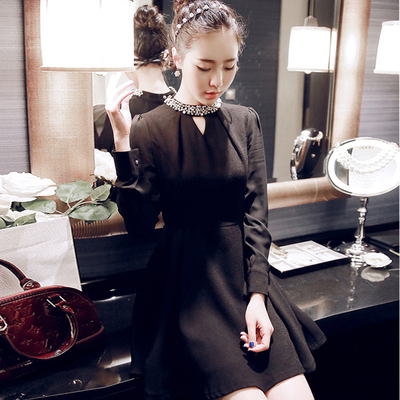 2016新款名媛小香风淑女装钉珠修身短款长袖气质短款连衣裙子洋装