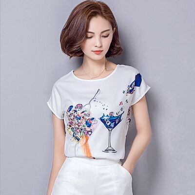 2016夏季最新款韩版时尚印花圆领上衣短袖烫钻雪纺衫女衣爆款包邮