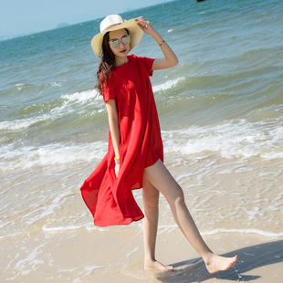 沙滩裙海边度假2017新款红色连衣裙女夏显瘦中长款波西米亚海滩裙