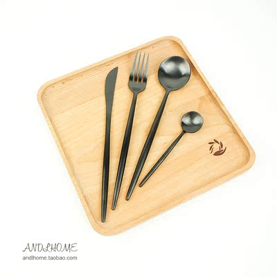 复古刀叉勺甜品勺纯黑色拉丝 创意加厚不锈钢欧式 刀叉勺四件套