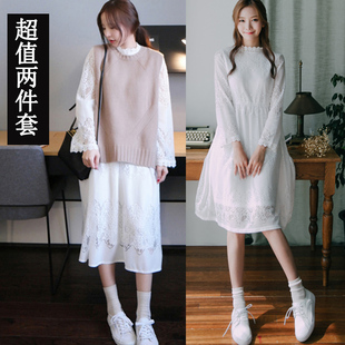 韩国秋冬白色甜美淑女镂空蕾丝连衣裙针织衫背心毛衣长袖两件套装