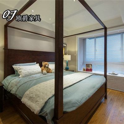 新中式全实木床古典架子床 实木柱子床酒店会所家具1.8米床可定制