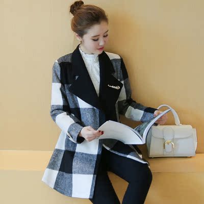 2016韩版新款潮流长袖秋季羊毛中长款胸针配送时尚格子毛呢外套