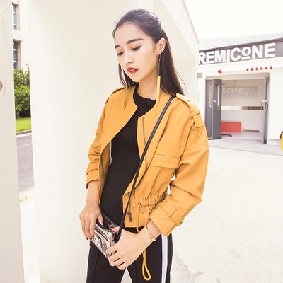 ZHUYIYI2016秋季新款姜黄色修身长袖夹克衫女 抽绳收腰短款小外套