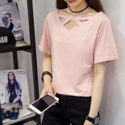韩国衣服女夏装韩版性感女士短袖25-29周岁宽松T恤镂空纯色半袖桖