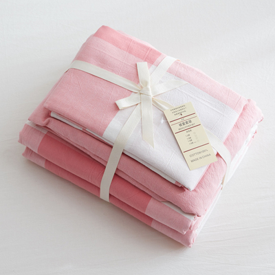日式水洗棉四件套全棉纯色格子纯棉天竺棉被套床单床笠款床上用品