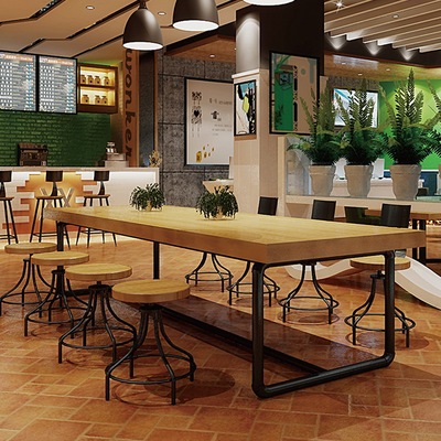 美式LOFT复古咖啡厅餐桌椅组合实木会议桌铁艺水管办公桌长方形
