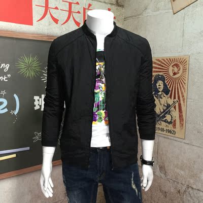 2016秋季新款韩版男士青年纯色黑色夹克男装修身潮款外套休闲英伦