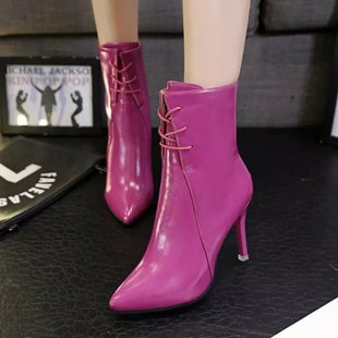 2016秋冬新款短靴系带细跟女靴高跟鞋尖头马丁靴短筒紫色靴子女潮