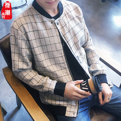 潮男格子夹克春秋装新款韩版修身外套大码青少年棒球服格子外套男