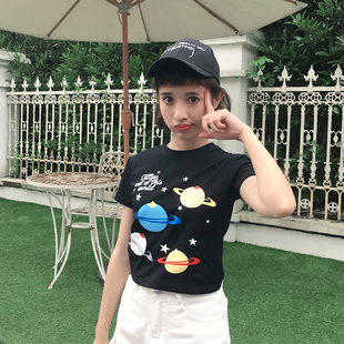 闺密装短袖t恤女夏韩国学院风印花字母土星图案露脐小版短袖修身