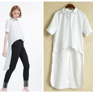 欧美款新款夏季短袖白色宽松衬衫女前短后长中长款上衣飘逸衬衫裙