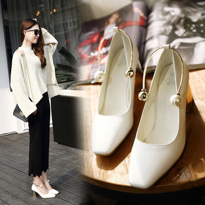 韩版工作鞋女方头黑色高跟鞋子女浅口脚环珍珠白色粗跟一字扣单鞋