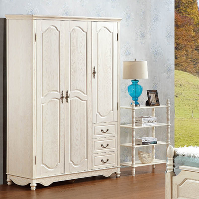 简美式全实木衣柜纯白色欧式韩式木质整体三门平开3门卧室大衣橱
