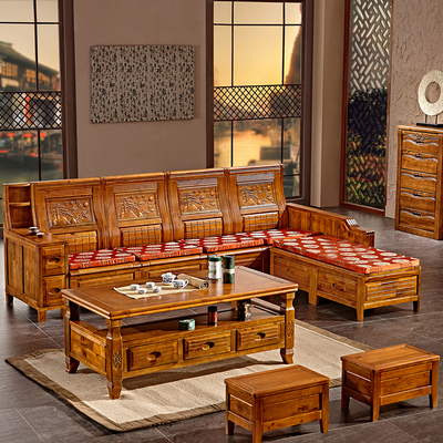 实木沙发 自由组合转角贵妃沙发+茶几新中式仿古香樟木客厅家具